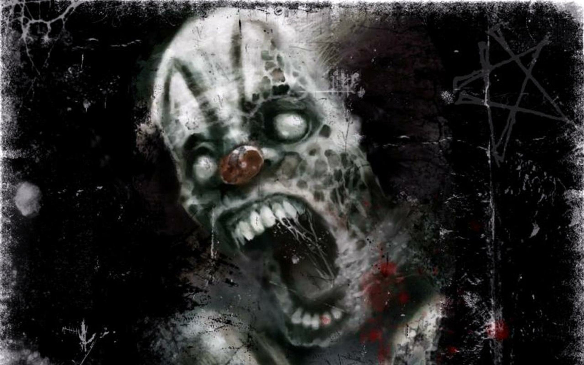 A dark, chilling HD desktop wallpaper featuring a terrifying clown with a distorted face and sinister expression, set against a gritty, atmospheric background.