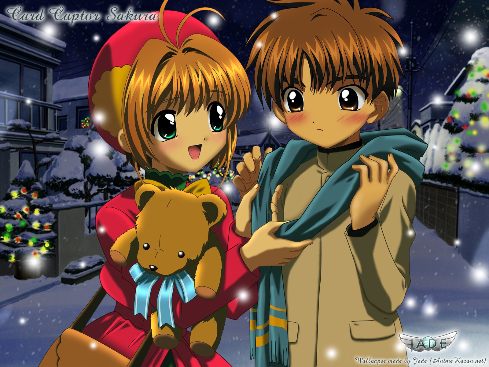 HD anime desktop wallpaper featuring Cardcaptor Sakura characters standing together in a snowy, festive night setting with holiday lights and a decorated tree.