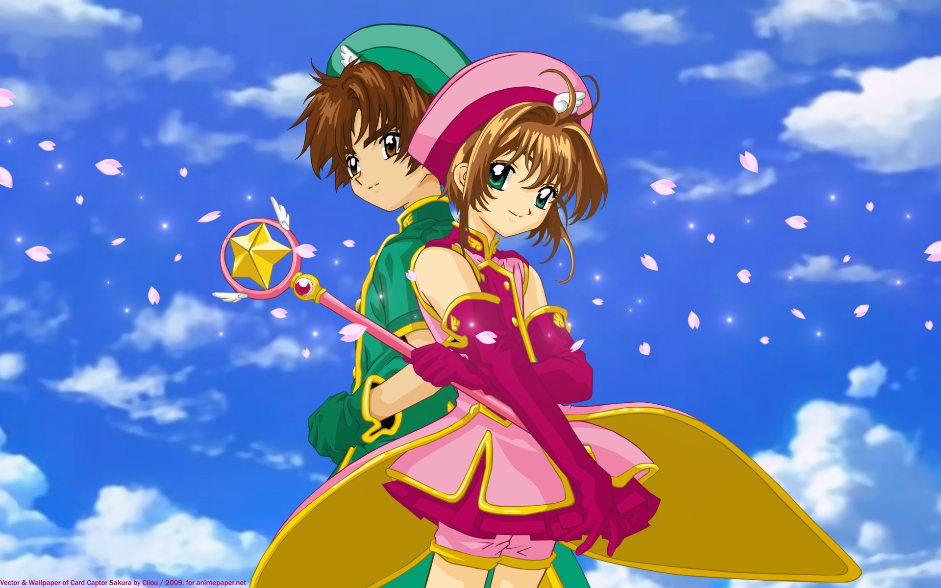 HD PC desktop wallpaper featuring anime characters from Cardcaptor Sakura, with Sakura holding her magical staff against a bright blue sky with floating petals.
