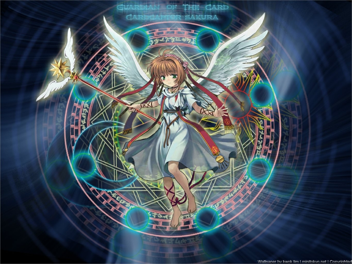 A vibrant HD wallpaper featuring Sakura from Cardcaptor Sakura, adorned with angelic wings and a magical staff, surrounded by mystical symbols and an enchanting background.