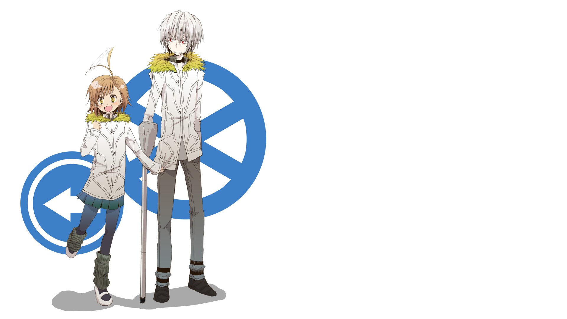 HD PC desktop wallpaper featuring Last Order and Accelerator from the anime A Certain Magical Index, showcasing the characters in front of blue directional signs.