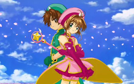 HD PC desktop wallpaper featuring anime characters from Cardcaptor Sakura, with Sakura holding her magical staff against a bright blue sky with floating petals.