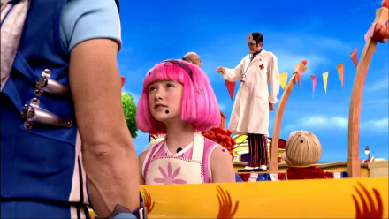HD PC desktop wallpaper/background from the TV show LazyTown: pink‑haired Stephanie speaks to a man in blue amid a colorful playground and other characters beneath a bright blue sky.