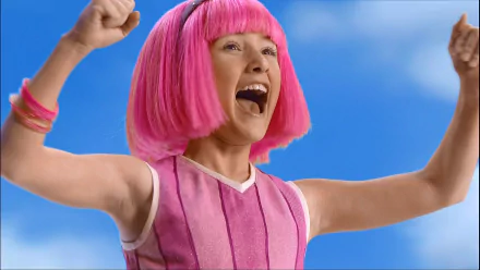 HD PC desktop wallpaper featuring a vibrant close-up of Stephanie from the TV show LazyTown, set against a bright blue sky background.