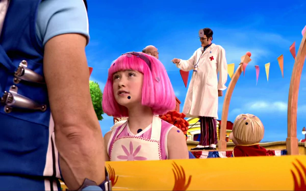 HD PC desktop wallpaper/background from the TV show LazyTown: pink‑haired Stephanie speaks to a man in blue amid a colorful playground and other characters beneath a bright blue sky.