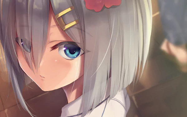 A close-up of an anime character with silver hair and blue eyes, featuring a flower accessory. This HD wallpaper captures elements from Kantai Collection.