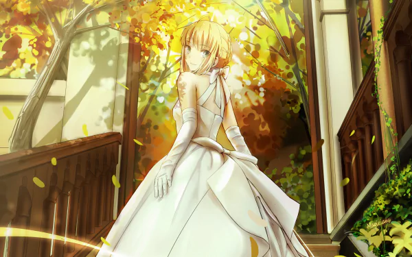 A captivating HD wallpaper featuring Saber from the Fate Series, set against a backdrop of autumn leaves and elegant architecture, embodying a blend of beauty and strength.