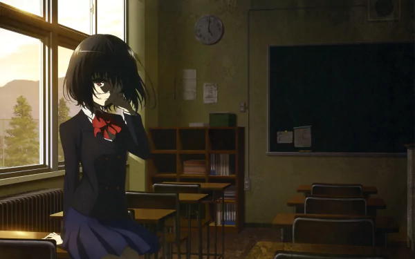 An HD desktop wallpaper featuring Mei Misaki from the anime Another. She stands in a dim classroom with red eyes, short black hair, and a skirt, creating a mysterious and eerie atmosphere.