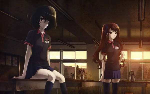 Izumi Akazawa and Mei Misaki, characters from the anime Another, are depicted in an eerie classroom setting, wearing skirts and thigh-high socks, bathed in warm sunset light.
