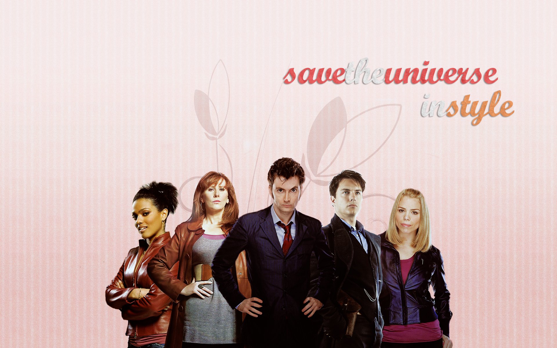 HD PC desktop wallpaper of Doctor Who (2005) TV show: five main characters posed before a pale patterned background with the slogan save the universe in style.
