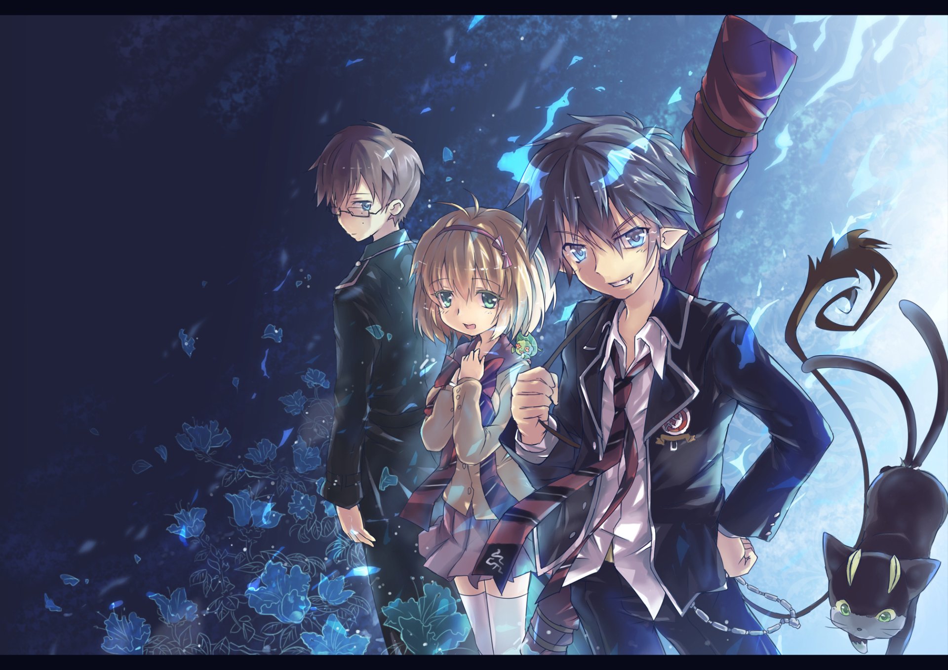 A high-definition wallpaper featuring Shiemi Moriyama, Yukio Okumura, and Rin Okumura from the anime Ao No Exorcist (Blue Exorcist), set against a captivating background.