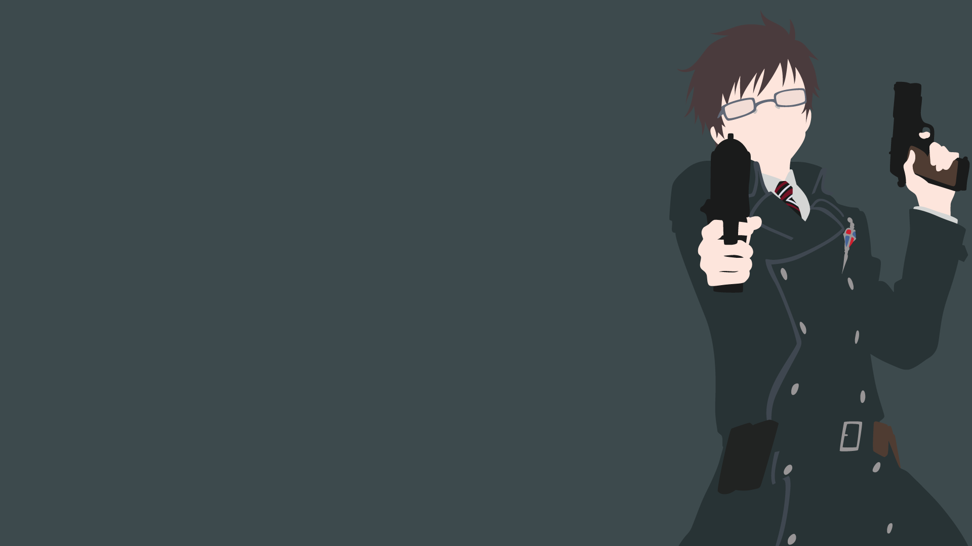 Minimalist HD anime wallpaper featuring Yukio Okumura from Blue Exorcist, wearing glasses and a uniform, holding pistols against a dark background.