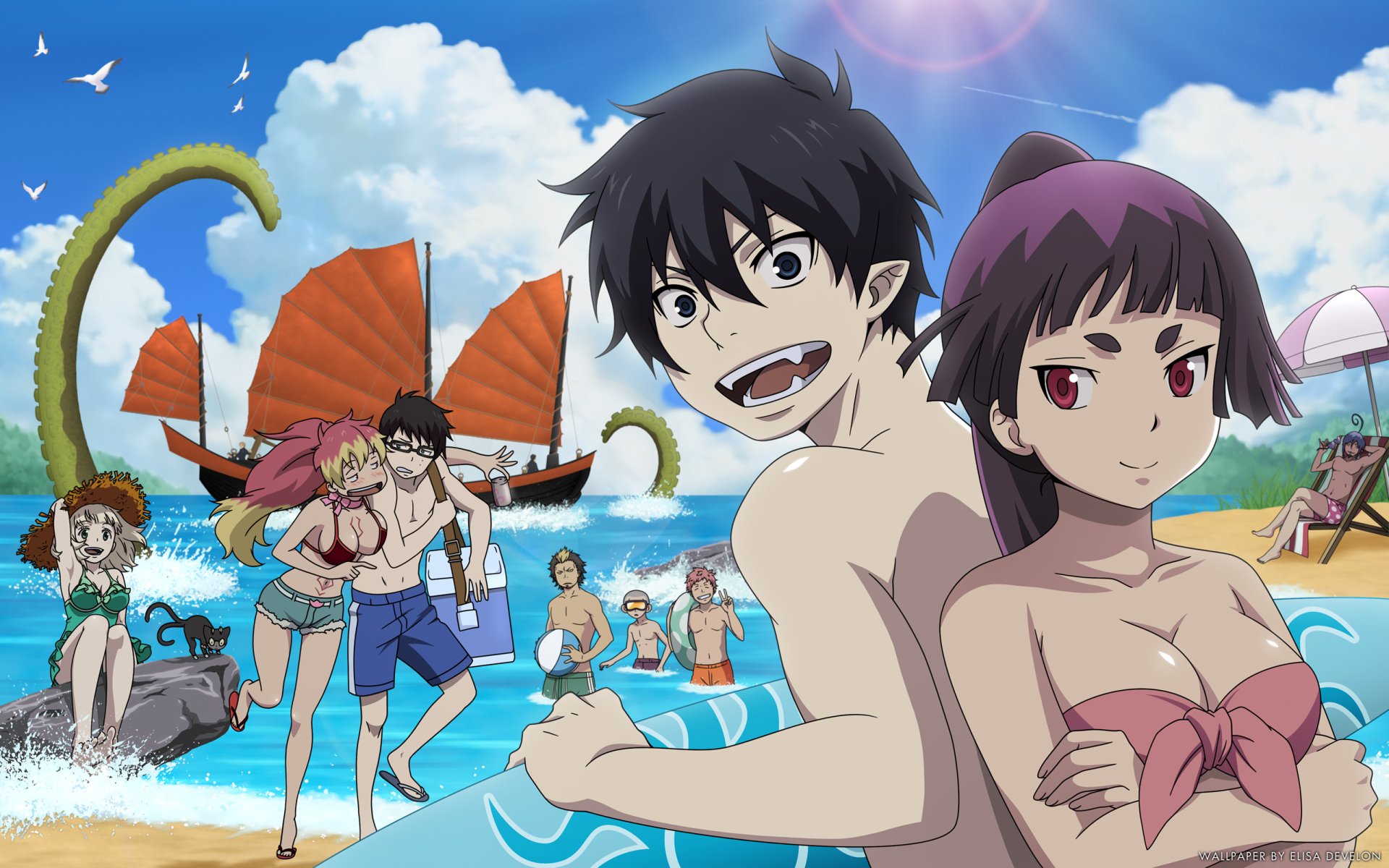 A vibrant desktop wallpaper featuring characters from Blue Exorcist enjoying a lively beach scene, complete with playful waves and summer activities.