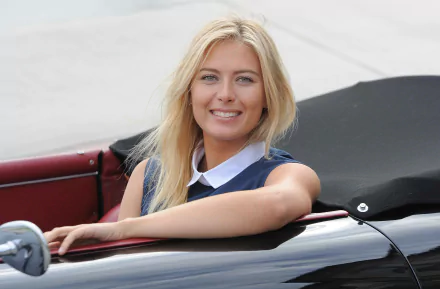 HD PC desktop wallpaper featuring Maria Sharapova, the renowned sports figure, smiling while seated in a convertible car.