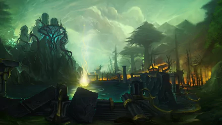 HD PC desktop wallpaper featuring a dark, mystical landscape from the MMORPG World of Warcraft, showcasing eerie ruins and a glowing magical light.