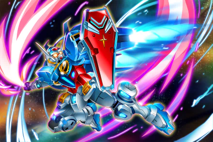 Anime Gundam warrior mecha charging through space with neon pink and blue energy trails, red shield and glowing arm cannon — vibrant HD PC desktop wallpaper and background.
