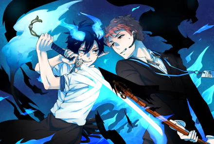 HD anime desktop wallpaper featuring Rin Okumura from Blue Exorcist wielding a fiery blue sword, alongside a companion in dynamic action pose.