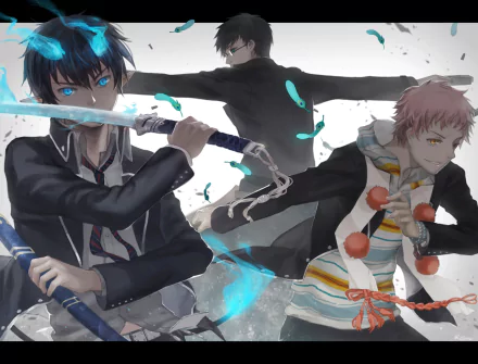 High-definition wallpaper featuring characters Renzo Shima, Yukio Okumura, and Rin Okumura from the anime Ao No Exorcist (Blue Exorcist) in dynamic poses with weapons.