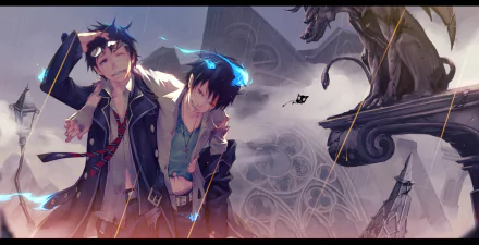 HD desktop wallpaper featuring Yukio and Rin Okumura from the anime Blue Exorcist with a gothic architectural background and dramatic lighting.
