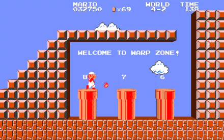 HD PC desktop wallpaper of Super Mario Bros. warp zone: Mario on a red pipe beside three warp pipes, WELCOME TO WARP ZONE! text, brick platforms and classic game HUD.