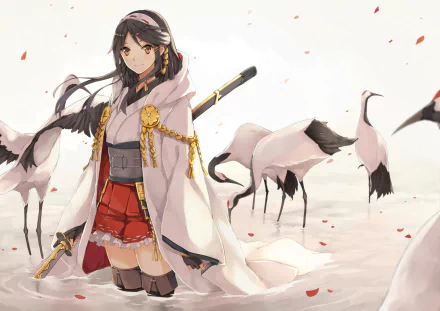 A striking HD wallpaper featuring Haruna from Kantai Collection, standing confidently among graceful cranes, set against a serene background with scattered petals.