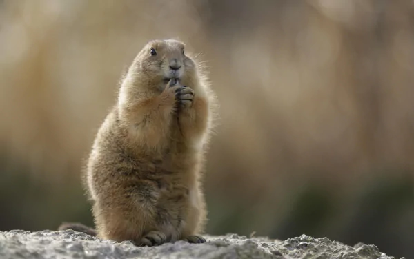 HD PC desktop wallpaper showing a marmot standing on a rock, nibbling with a soft, blurred natural background.