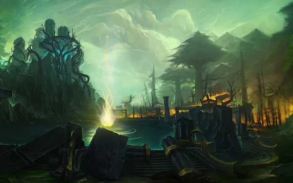HD PC desktop wallpaper featuring a dark, mystical landscape from the MMORPG World of Warcraft, showcasing eerie ruins and a glowing magical light.