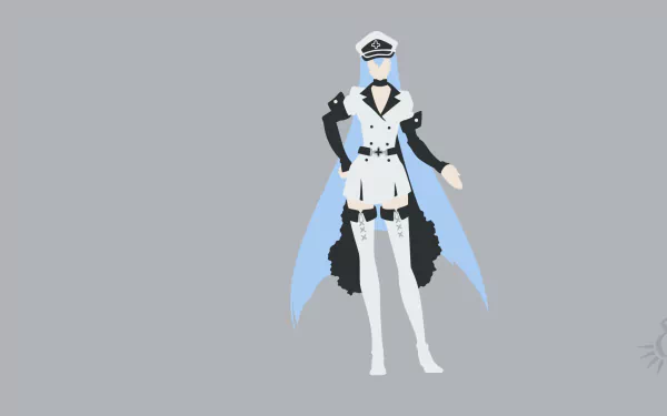 A striking HD wallpaper featuring Esdeath from Akame Ga Kill!, showcasing her blue hair, thigh boots, and commanding outfit, set against a minimalist grey background.