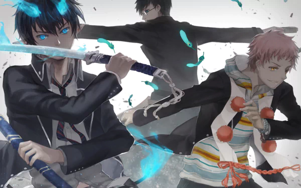 High-definition wallpaper featuring characters Renzo Shima, Yukio Okumura, and Rin Okumura from the anime Ao No Exorcist (Blue Exorcist) in dynamic poses with weapons.