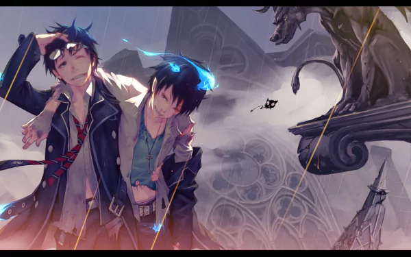 HD desktop wallpaper featuring Yukio and Rin Okumura from the anime Blue Exorcist with a gothic architectural background and dramatic lighting.