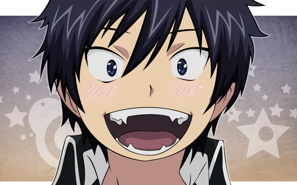 A vibrant HD desktop wallpaper featuring Rin Okumura from Ao No Exorcist, showcasing his cheerful expression against a colorful background with stars.