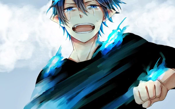 A vibrant HD wallpaper featuring Rin Okumura from Ao No Exorcist (Blue Exorcist), showcasing his dynamic expression and signature blue flames against a cloudy background.