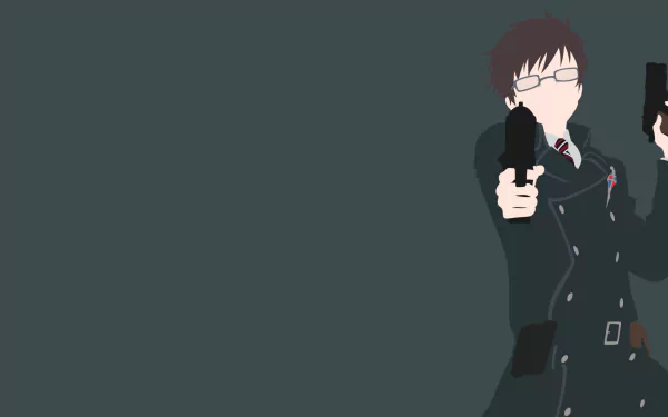 Minimalist HD anime wallpaper featuring Yukio Okumura from Blue Exorcist, wearing glasses and a uniform, holding pistols against a dark background.