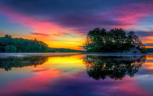 Nature Reflection Evening Sunset Tree Island Lake HD Wallpaper | Background Image