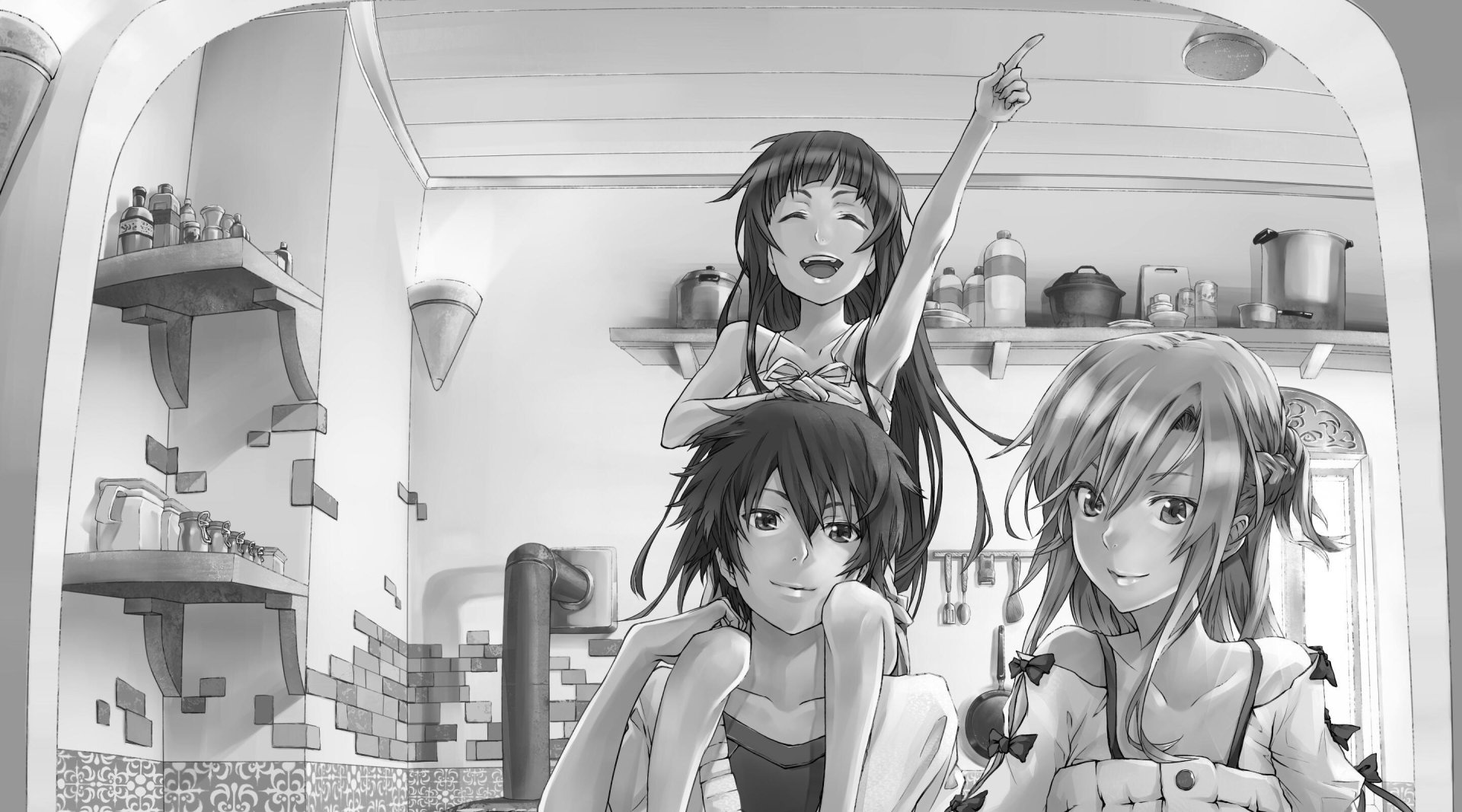 A vibrant HD wallpaper featuring Kazuto Kirigaya, Yui, and Asuna Yuuki from Sword Art Online, capturing a joyful moment in a cozy kitchen setting.