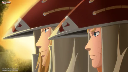 HD desktop wallpaper of Minato Namikaze and Naruto Uzumaki from the anime Naruto, both depicted wearing Hokage hats, with a serene background.