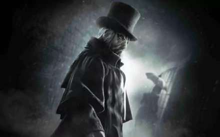 A dramatic HD desktop wallpaper from Assassin's Creed: Syndicate, featuring a cloaked figure wearing a top hat, set against a moody, atmospheric background.