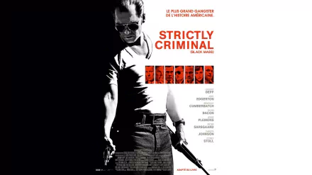 HD desktop wallpaper featuring Johnny Depp in a striking black and white poster for the movie Black Mass, titled Strictly Criminal.