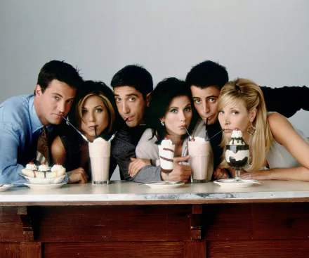 A nostalgic scene from the TV show Friends, featuring Ross, Rachel, Monica, Chandler, Joey, and Phoebe sharing milkshakes, highlighting their iconic camaraderie.