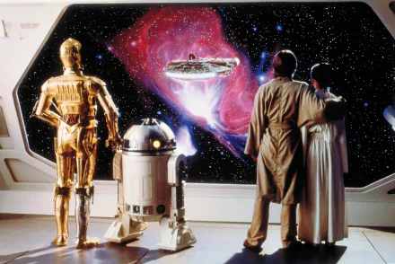 Carrie Fisher as Leia Organa, Mark Hamill as Luke Skywalker, R2-D2, and C-3PO gazing at the Millennium Falcon in space. Background from Star Wars Episode V: The Empire Strikes Back, in HD.