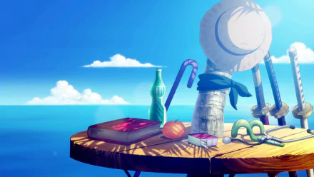 HD desktop wallpaper of One Piece anime featuring a sunny ocean view, Luffy's straw hat, a book, and colorful items placed on a wooden table.