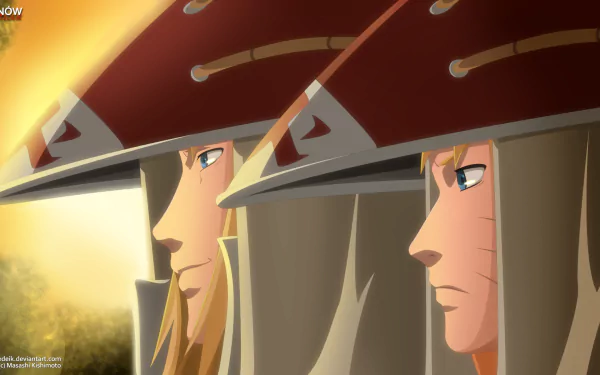 HD desktop wallpaper of Minato Namikaze and Naruto Uzumaki from the anime Naruto, both depicted wearing Hokage hats, with a serene background.