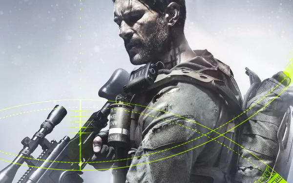 HD PC desktop wallpaper featuring a soldier from the video game Sniper: Ghost Warrior 3, holding a sniper rifle against a muted, snowy background.