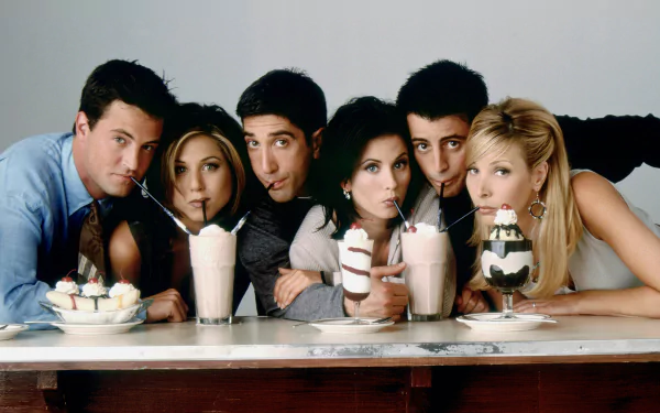 A nostalgic scene from the TV show Friends, featuring Ross, Rachel, Monica, Chandler, Joey, and Phoebe sharing milkshakes, highlighting their iconic camaraderie.