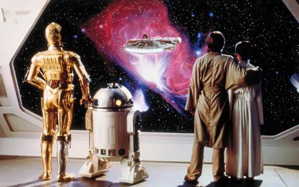 Carrie Fisher as Leia Organa, Mark Hamill as Luke Skywalker, R2-D2, and C-3PO gazing at the Millennium Falcon in space. Background from Star Wars Episode V: The Empire Strikes Back, in HD.