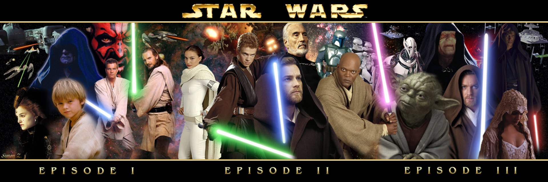 A vibrant HD desktop wallpaper featuring iconic characters from Star Wars, showcasing Jedi and Sith wielding lightsabers against a cosmic backdrop.