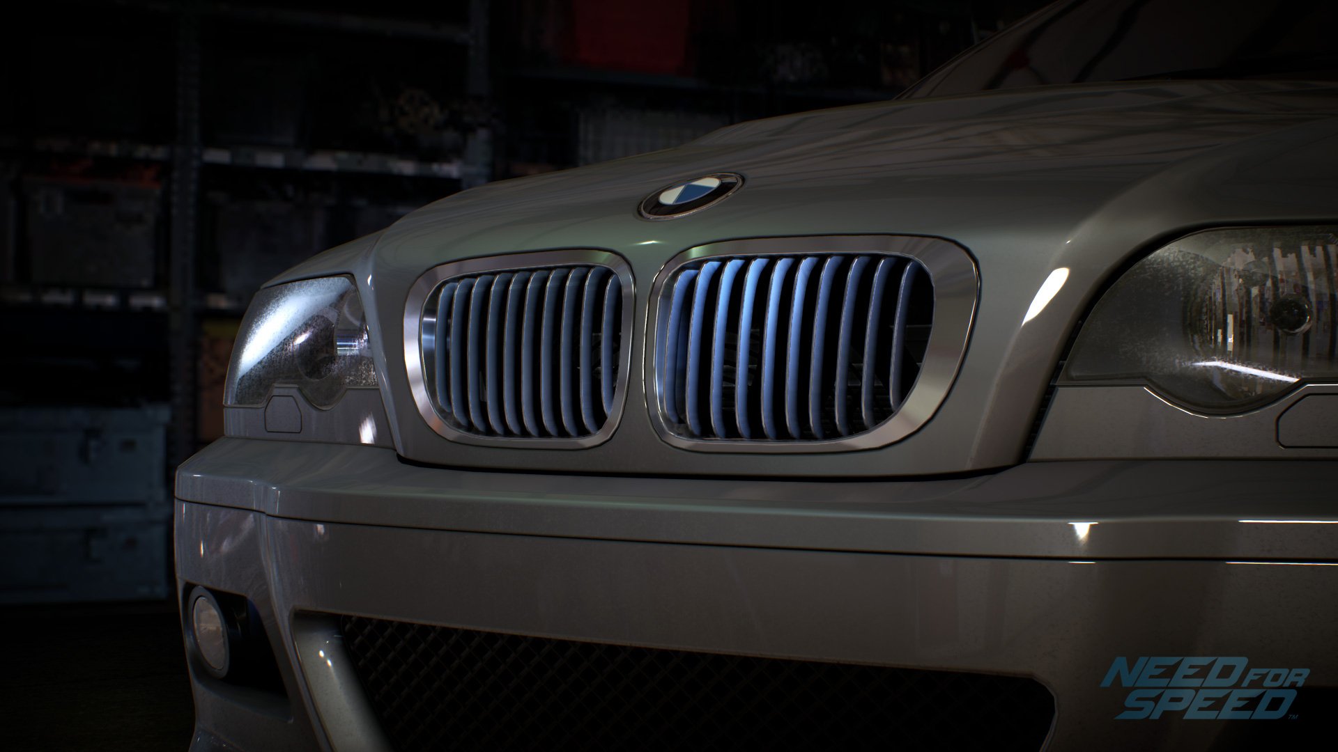 Close-up of a BMW grille from the video game Need For Speed (2015), featured as an HD PC desktop wallpaper and background.