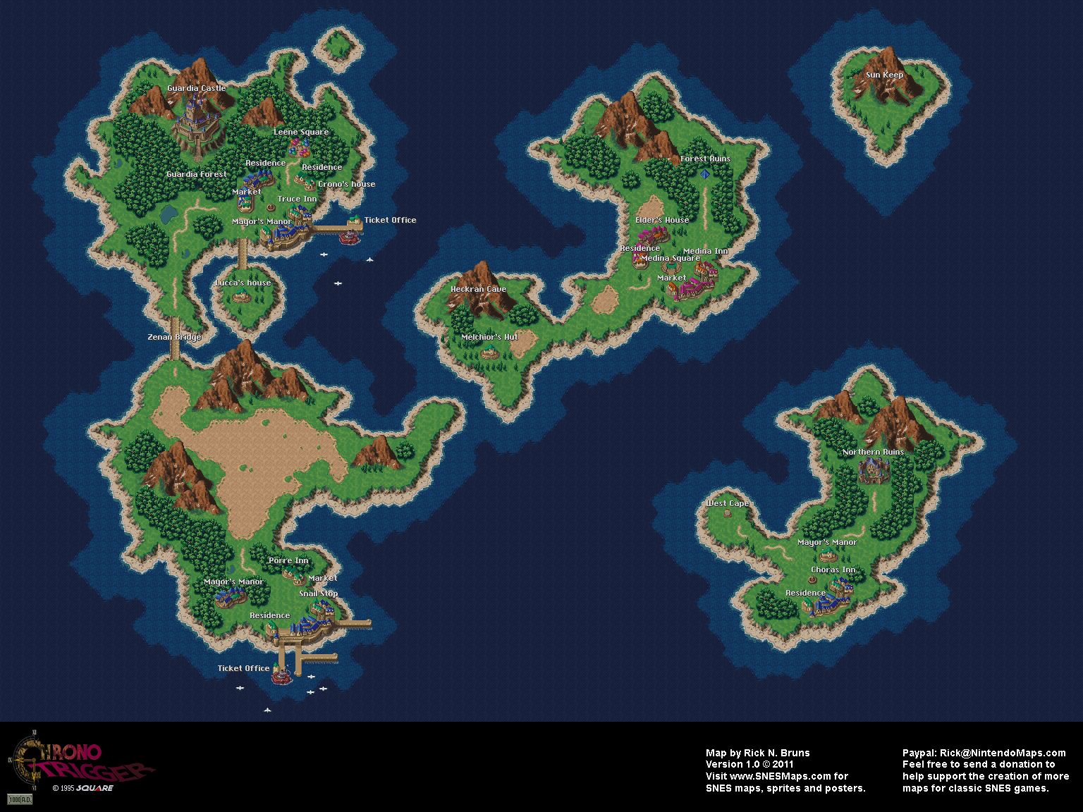 Pixel-art video game Chrono Trigger overworld: an HD PC desktop wallpaper showing scattered green islands with mountains, forests, villages and docks on a deep blue sea.