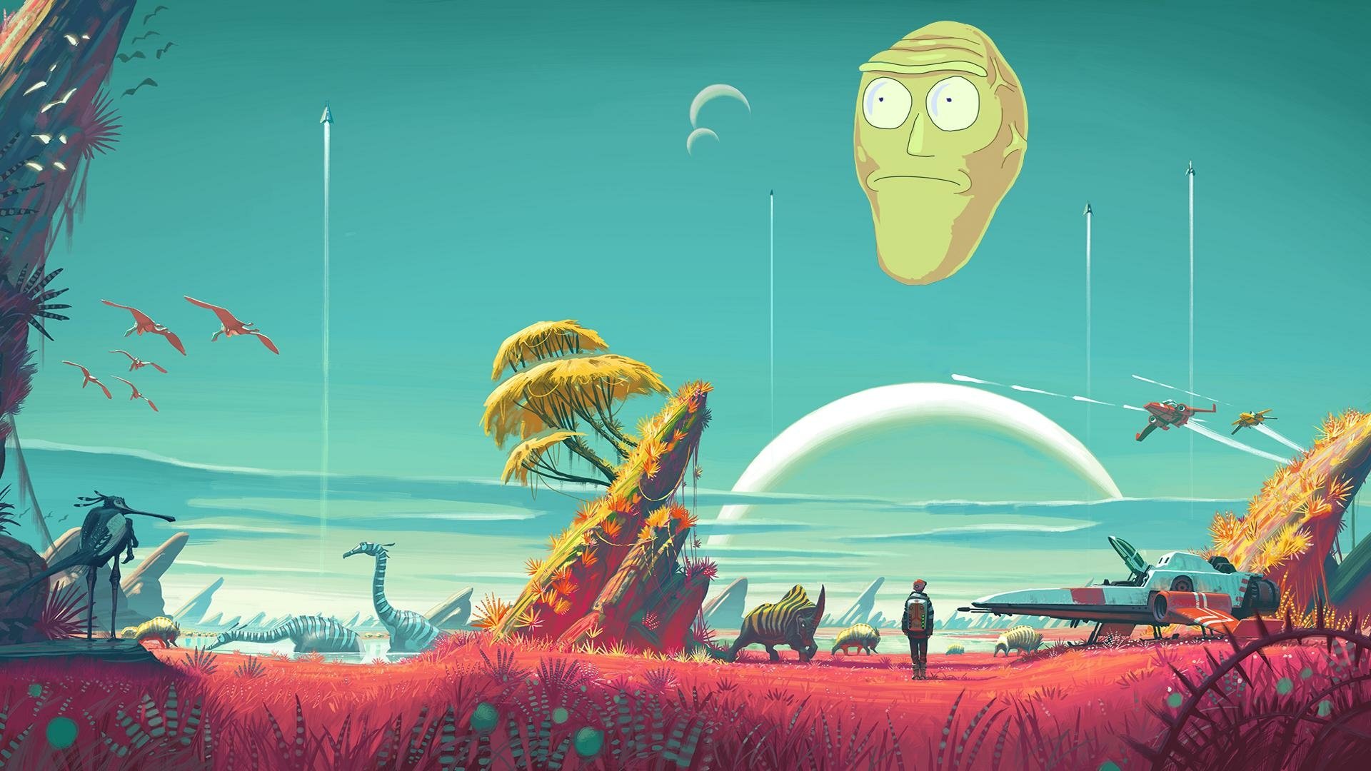 HD PC desktop wallpaper depicting a colorful alien landscape from the video game No Man's Sky, featuring strange creatures, futuristic structures, and a large floating head.