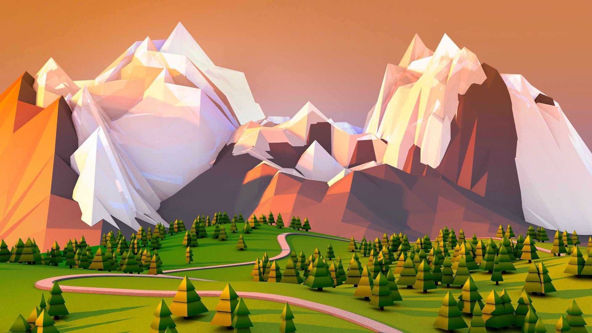 A colorful, low-poly landscape featuring towering mountains and a winding path through lush greenery, creating a visually stunning artistic HD desktop wallpaper.